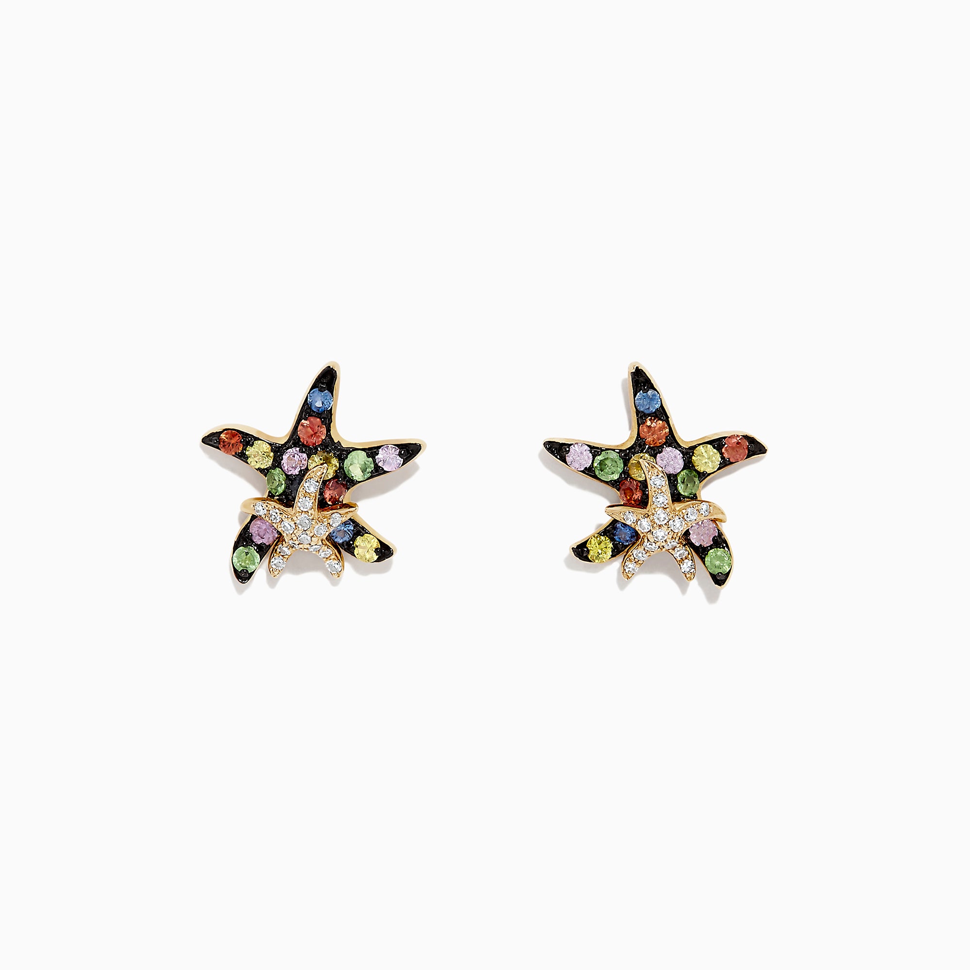 Watercolors 14K Gold Sapphire & Diamond Starfish Stud Earrings (0.76 TCW) featuring a gold outline and scattered green, blue, orange, pink, and white sapphires for a vibrant look.