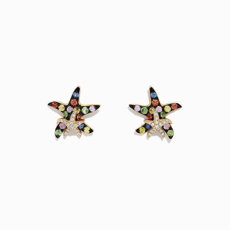 Watercolors 14K Gold Sapphire & Diamond Starfish Stud Earrings (0.76 TCW) featuring a gold outline and scattered green, blue, orange, pink, and white sapphires for a vibrant look.