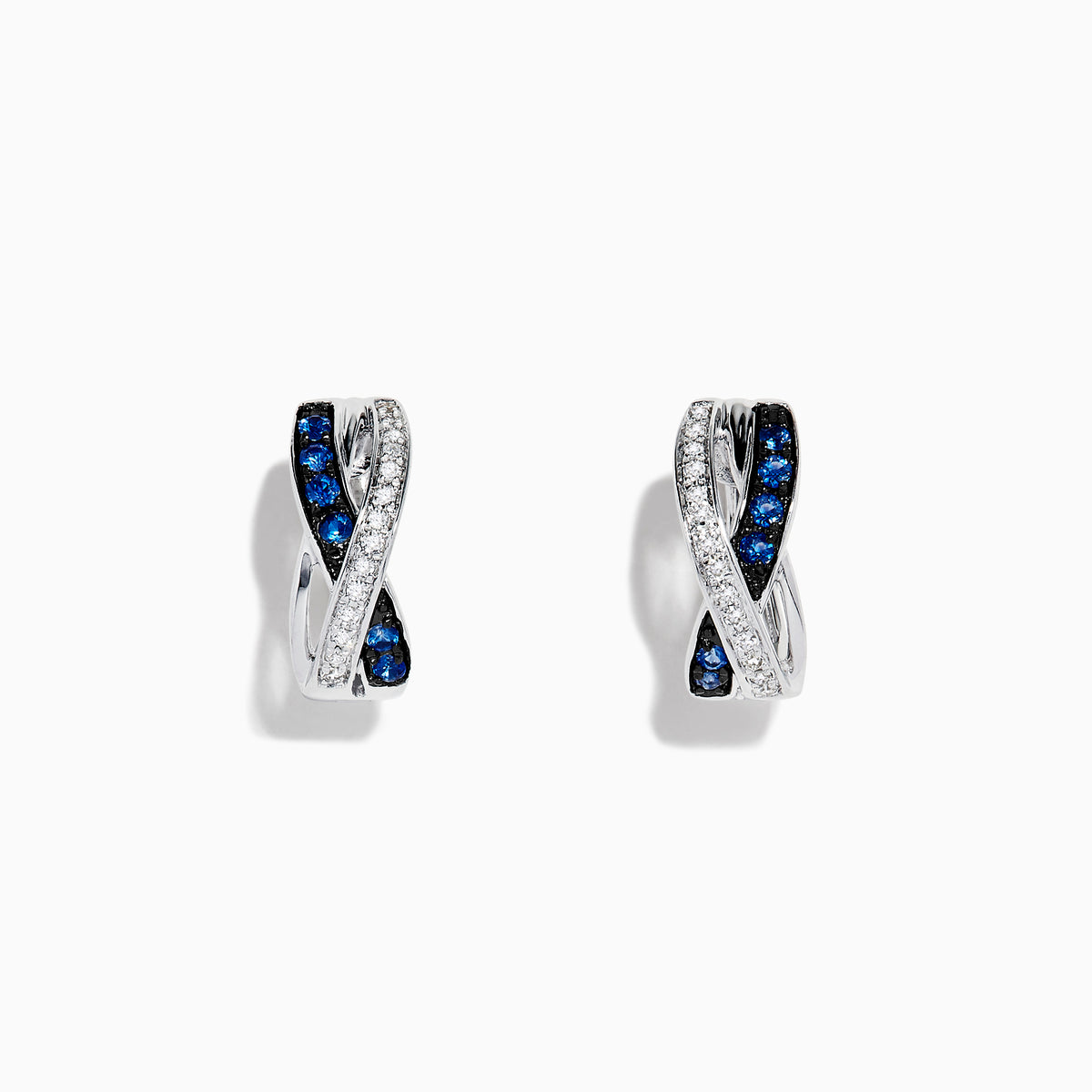 Royale Bleu 14K White Gold Blue Sapphire & Diamond Earrings, 0.33 TCW feature a twisted hoop design with blue sapphires and diamonds in front, displayed against a white background.