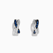 Royale Bleu 14K White Gold Blue Sapphire & Diamond Earrings, 0.33 TCW feature a twisted hoop design with blue sapphires and diamonds in front, displayed against a white background.