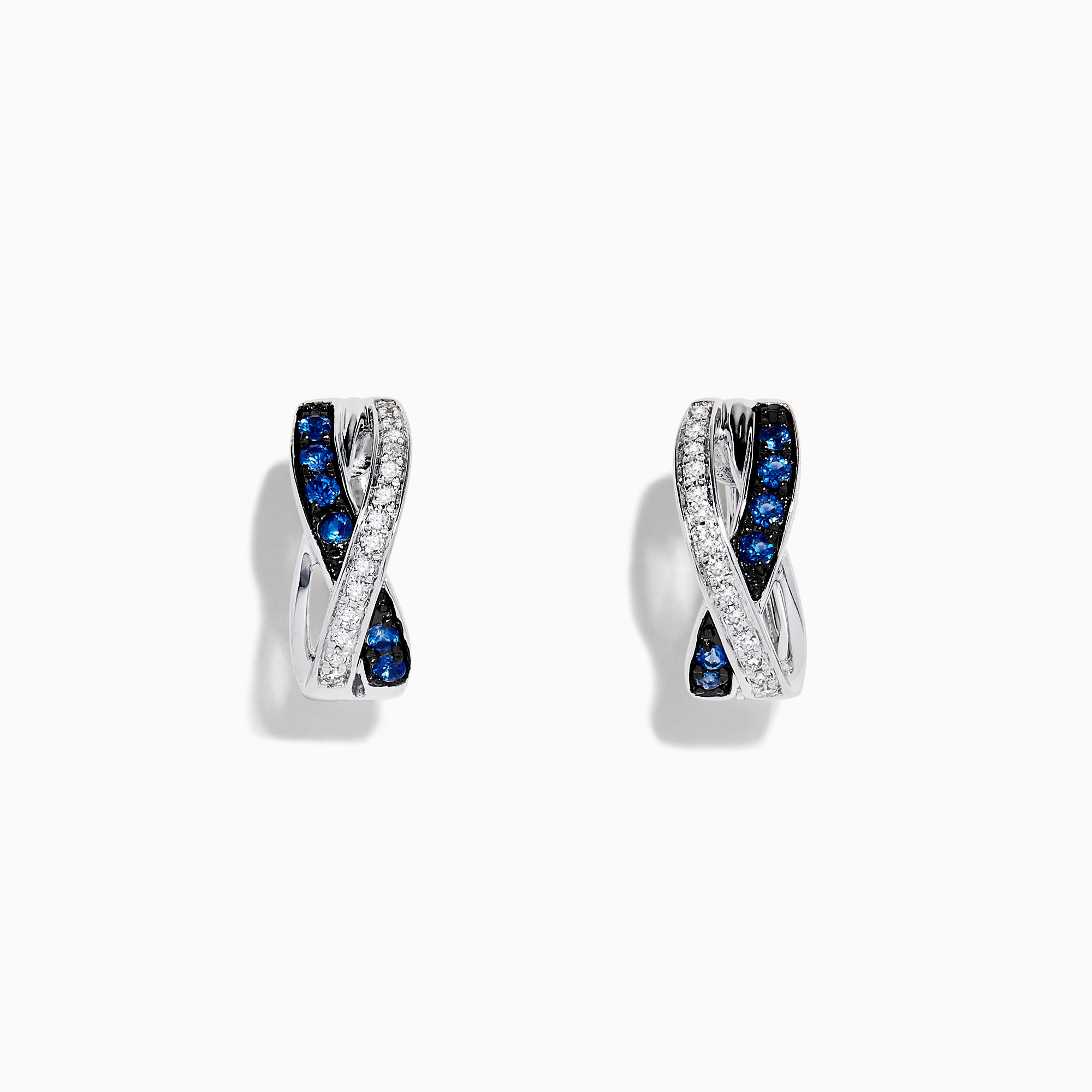 Royale Bleu 14K White Gold Blue Sapphire & Diamond Earrings, 0.33 TCW feature a twisted hoop design with blue sapphires and diamonds in front, displayed against a white background.
