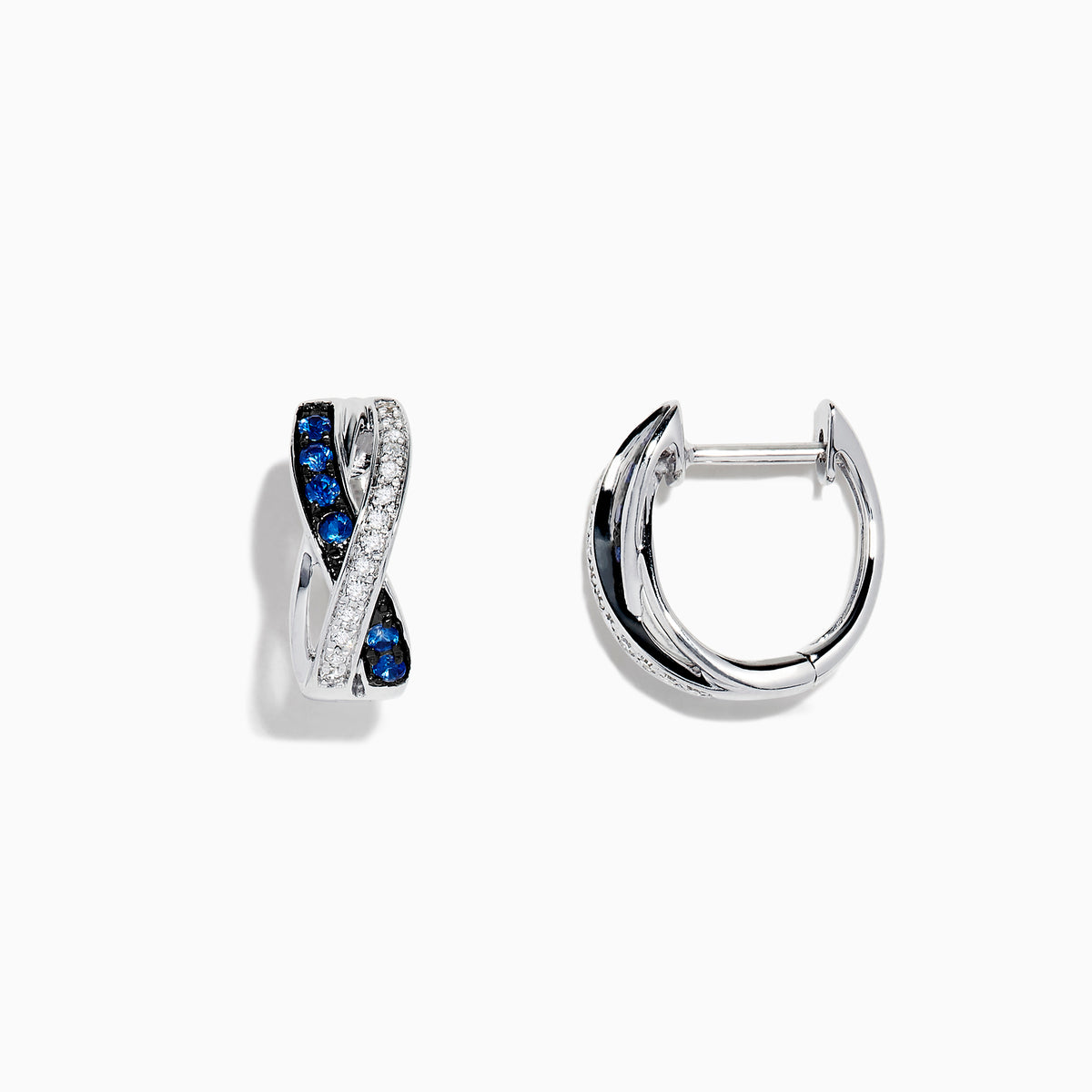The Royale Bleu 14K White Gold Blue Sapphire & Diamond Earrings (0.33 TCW) are shown: one hoop displays a crisscross pattern with sapphires and diamonds, the other shows its smooth back, both set against a white background.
