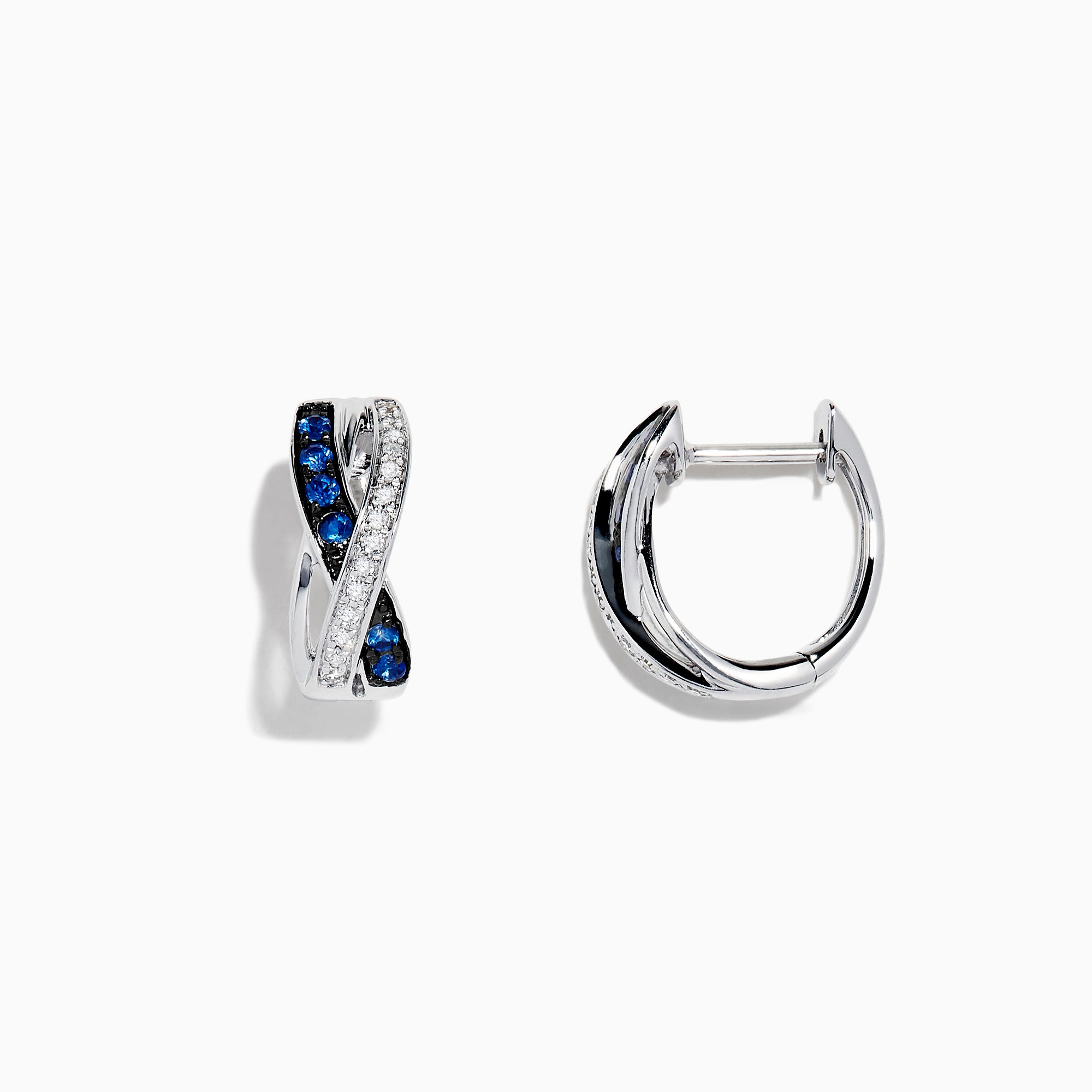 The Royale Bleu 14K White Gold Blue Sapphire & Diamond Earrings (0.33 TCW) are shown: one hoop displays a crisscross pattern with sapphires and diamonds, the other shows its smooth back, both set against a white background.