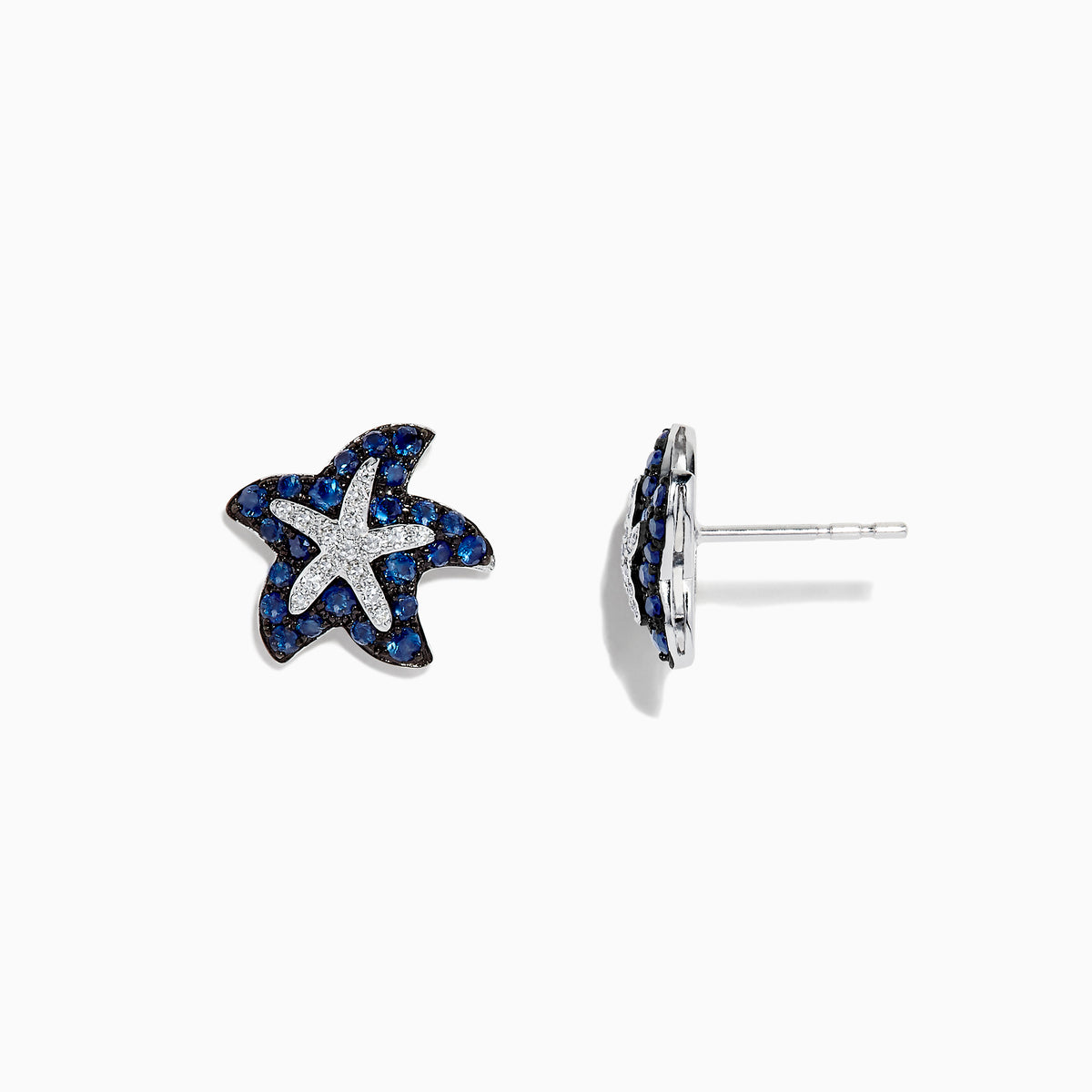 The Seaside 14K White Gold Sapphire & Diamond Starfish Studs, 0.82 TCW, are displayed on a white background.
