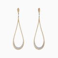 Duo 14K Yellow and White Gold Diamond Statement Earrings, 1.63 TCW, feature elegant teardrop shapes with sparkling diamonds accenting the gold and silver tones along the edges and inner curves.