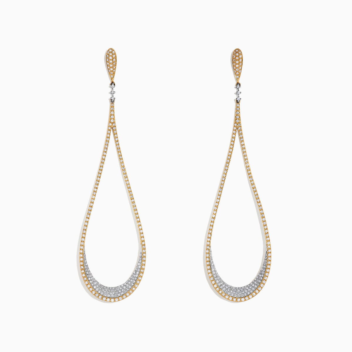Duo 14K Yellow and White Gold Diamond Statement Earrings, 1.63 TCW, feature elegant teardrop shapes with sparkling diamonds accenting the gold and silver tones along the edges and inner curves.