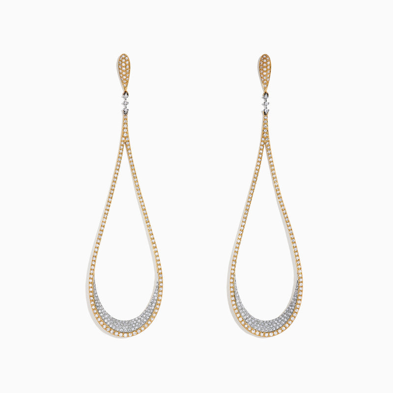 Duo 14K Yellow and White Gold Diamond Statement Earrings, 1.63 TCW, feature elegant teardrop shapes with sparkling diamonds accenting the gold and silver tones along the edges and inner curves.