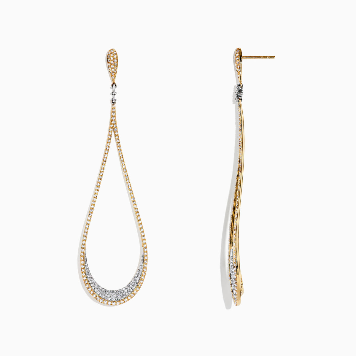 Duo 14K Yellow and White Gold Diamond Statement Earrings, 1.63 TCW, feature elegant teardrop shapes with sparkling diamonds accenting the gold and silver tones along the edges and inner curves.