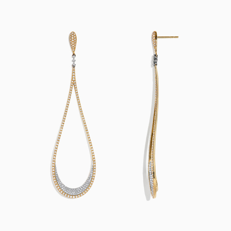 Duo 14K Yellow and White Gold Diamond Statement Earrings, 1.63 TCW, feature elegant teardrop shapes with sparkling diamonds accenting the gold and silver tones along the edges and inner curves.