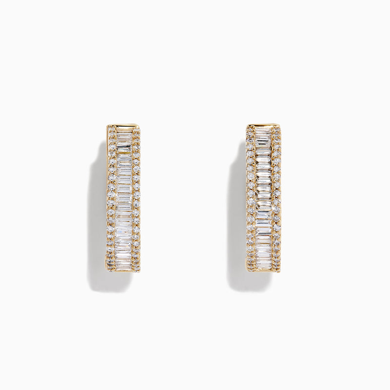 The DOro 14K Yellow Gold 3/4 Diamond Hoop Earrings, 0.94 TCW, feature rows of sparkling white diamonds on elegant gold hoops, displayed against a white background.