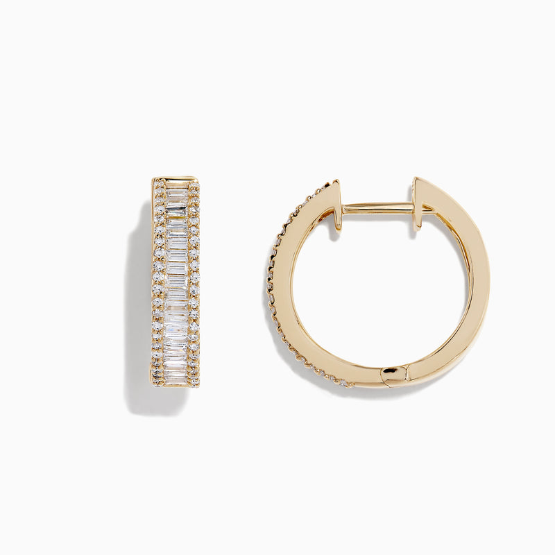 The DOro 14K Yellow Gold 3/4 Diamond Hoop Earrings, 0.94 TCW, feature rows of sparkling white diamonds on elegant gold hoops, displayed against a white background.