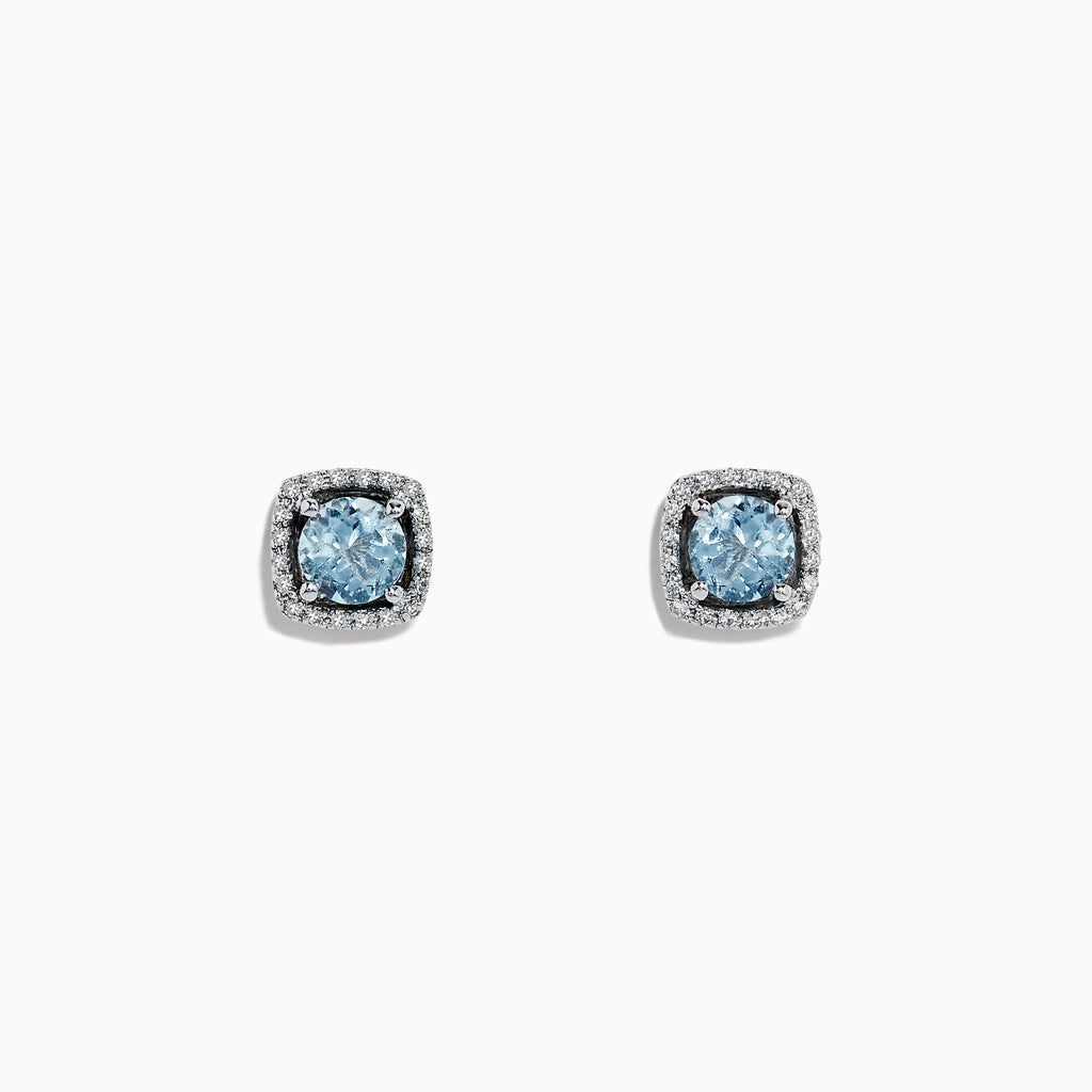 The Aquarius 14K White Gold Aquamarine and Diamond Earrings, 0.88 TCW, feature round aquamarine gems in square diamond halos, presented on a white background.