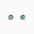 The Aquarius 14K White Gold Aquamarine and Diamond Earrings, 0.88 TCW, feature round aquamarine gems in square diamond halos, presented on a white background.
