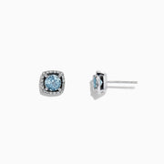 The Aquarius 14K White Gold Aquamarine and Diamond Earrings, 0.88 TCW, feature round aquamarine gems in square diamond halos, presented on a white background.