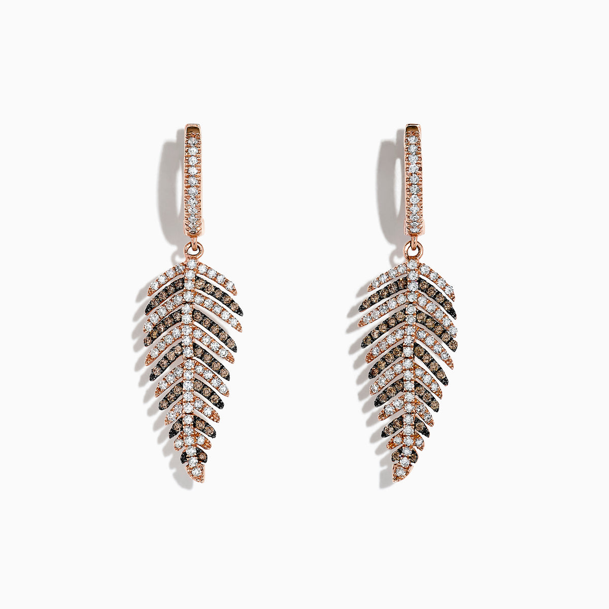 A pair of 14K Rose Gold Espresso & White Diamond Leaf Earrings (1.05 TCW) is shown against a plain white background.