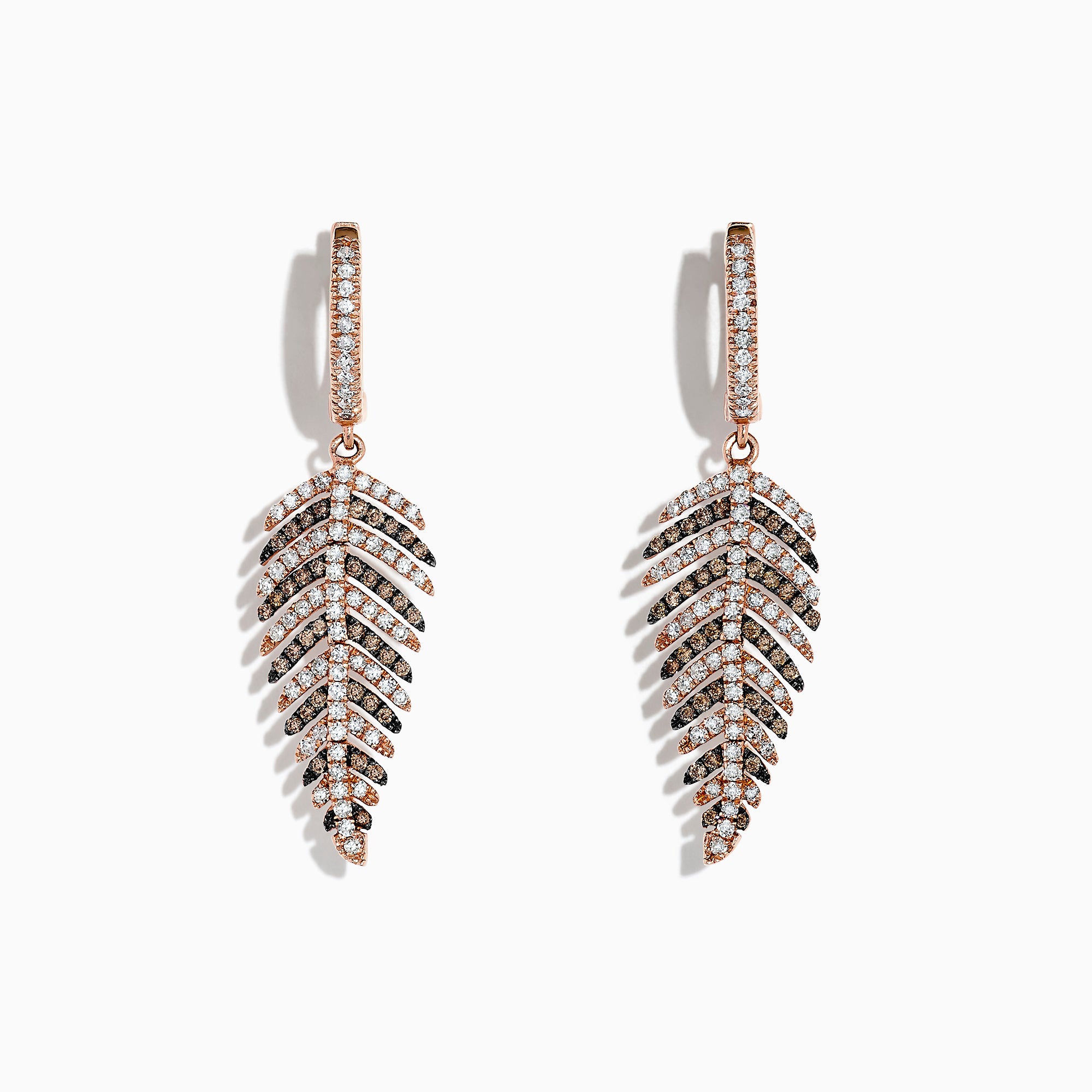 A pair of 14K Rose Gold Espresso & White Diamond Leaf Earrings (1.05 TCW) is shown against a plain white background.
