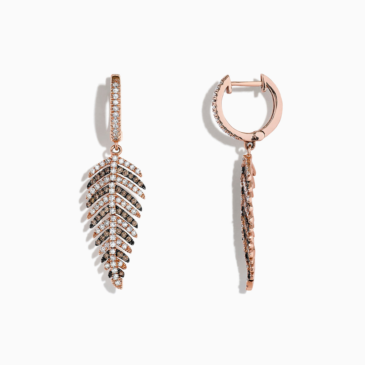 A pair of 14K Rose Gold Espresso & White Diamond Leaf Earrings (1.05 TCW) is shown against a plain white background.