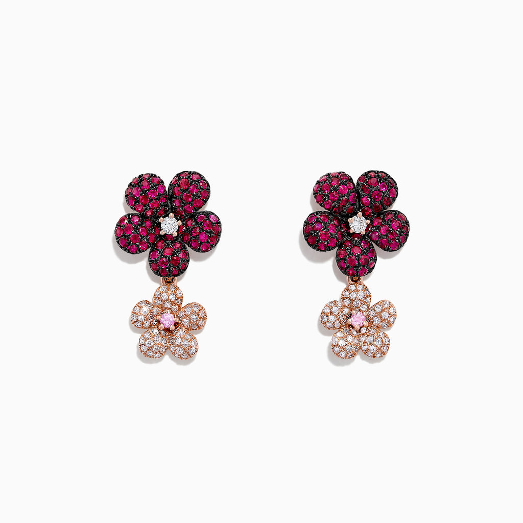 The Nature 14K Gold Ruby, Sapphire & Diamond Flowers Earrings, 1.80 TCW, feature floral shapes with red-hued rubies and white diamonds accenting the petals for a sophisticated gold-tone look inspired by botanical elegance.