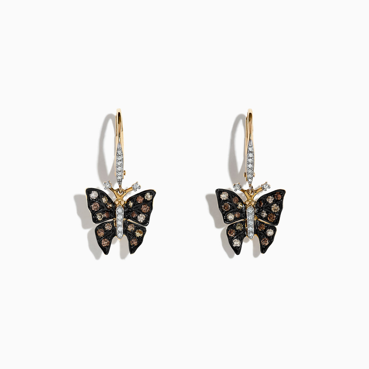 Nature 14K Yellow Gold Espresso & White Diamond Butterfly Earrings 0.57 TCW