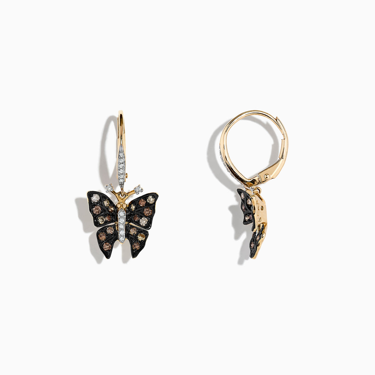 The Nature 14K Yellow Gold Espresso & White Diamond Butterfly Earrings feature black wings with sparkling stones, clear gems on the body and antennas, gold hooks, and a total weight of 0.57 TCW.