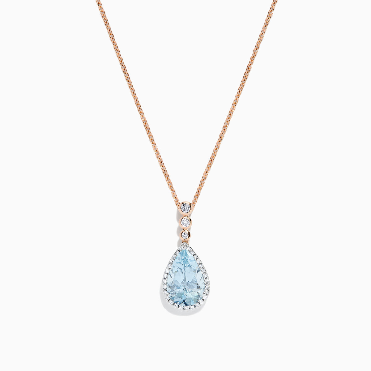 The Aquarius 14K two-tone gold pendant features a teardrop aquamarine (2.68 TCW) and three round diamond accents, shown against a white background.