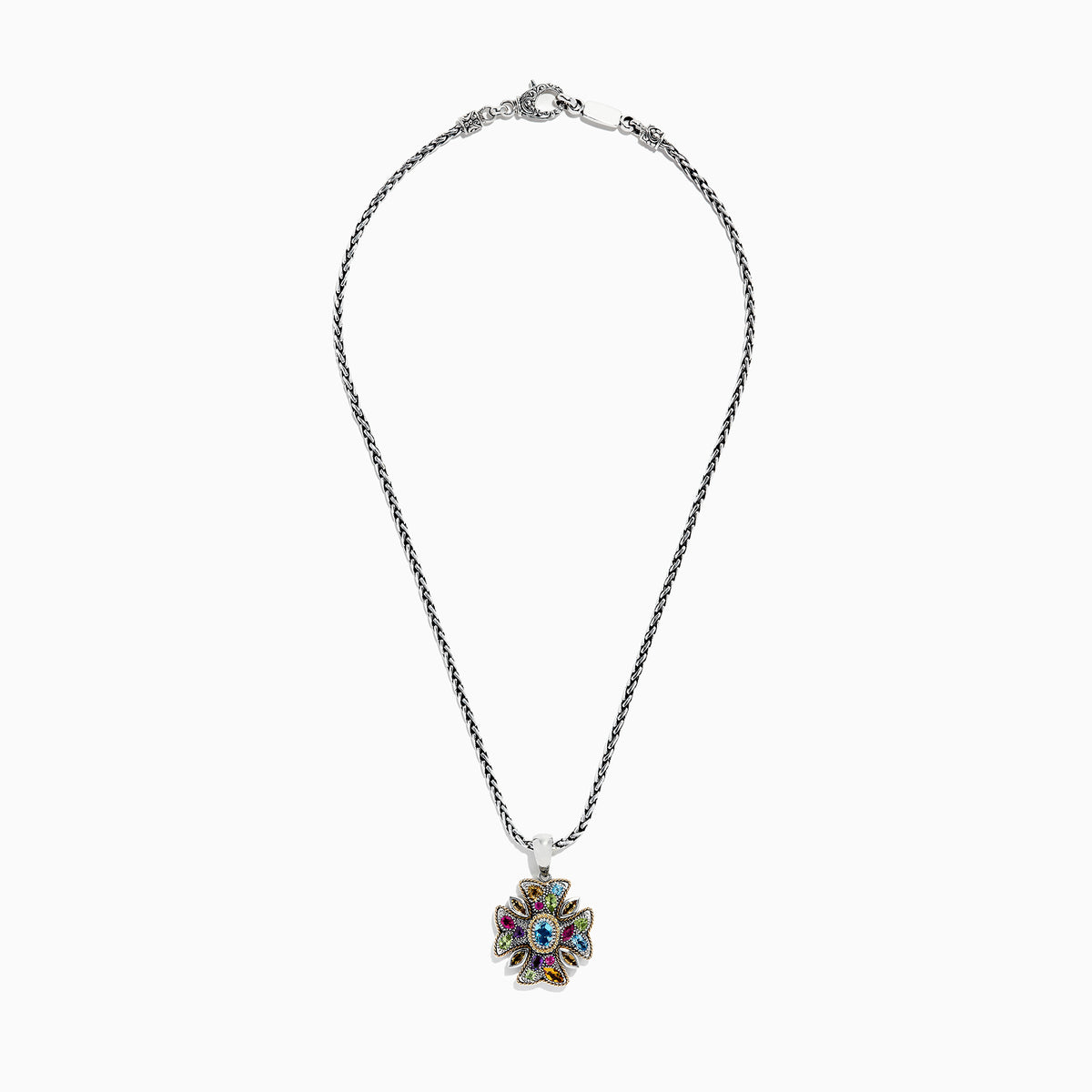 A 925 silver chain necklace featuring a cross-shaped pendant adorned with vibrant multi gemstones, totaling 4.09 TCW, arranged in a strikingly symmetrical design.