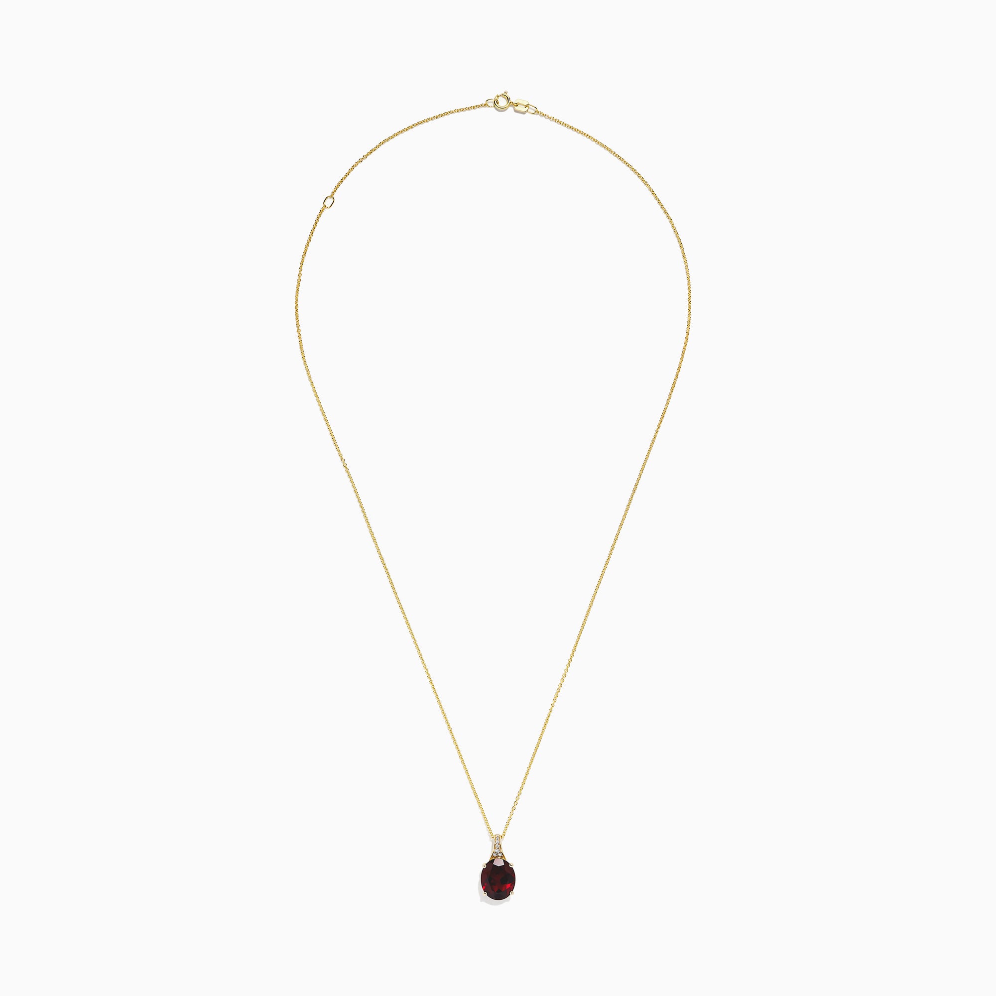 The Bordeaux 14K Yellow Gold Garnet and Diamond Pendant (4.68 TCW) features a fine chain and a striking oval deep red garnet accented by sparkling diamonds above the stone.