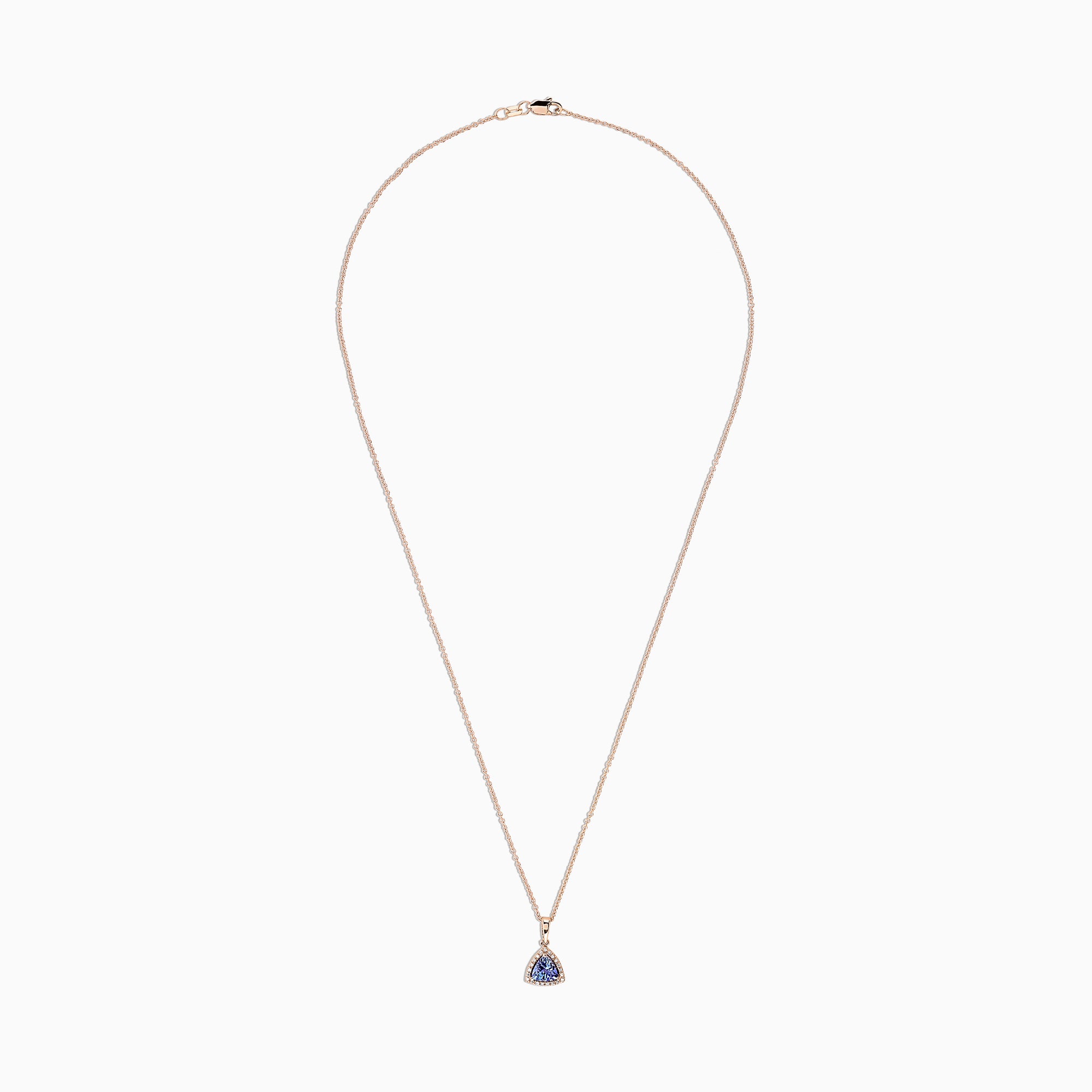 The Nahla Siri 14K Rose Gold Tanzanite & Diamond Pendant (0.72 TCW) features a triangular tanzanite surrounded by diamonds, shown on a white background.