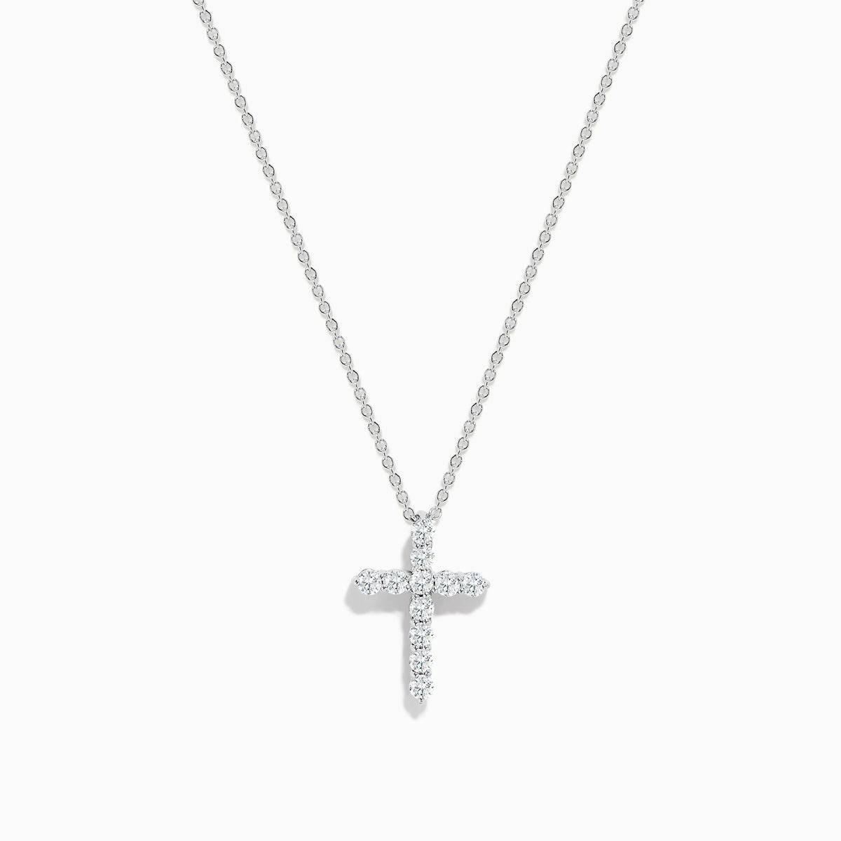 The Pave Classica 14K White Gold Diamond Cross Pendant (0.49 TCW) features sparkling diamonds in a delicate cross design, elegantly displayed on a thin white gold chain against a white backdrop.