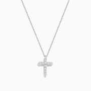 The Pave Classica 14K White Gold Diamond Cross Pendant (0.49 TCW) features sparkling diamonds in a delicate cross design, elegantly displayed on a thin white gold chain against a white backdrop.