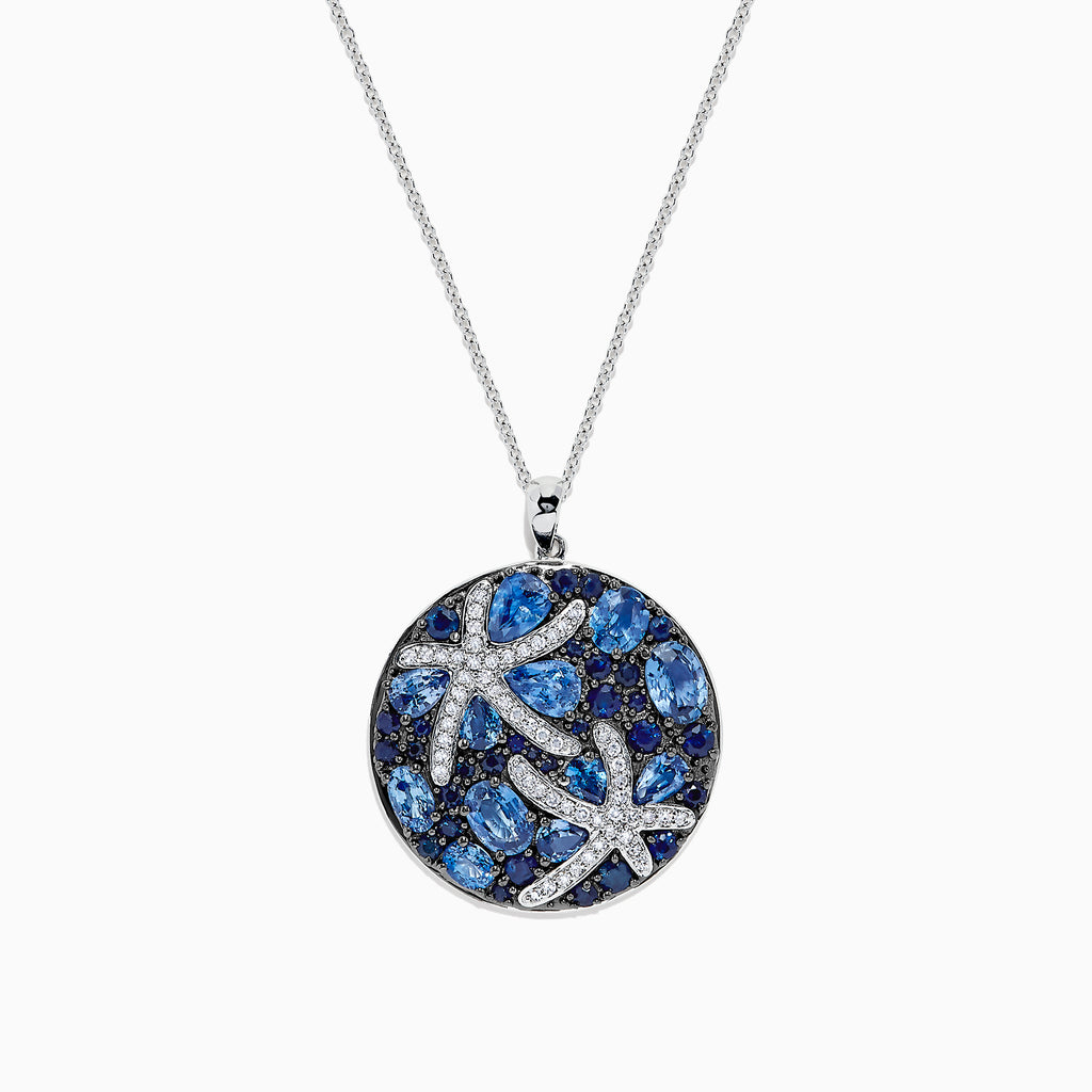 The Seaside 14K White Gold Sapphire & Diamond Starfish Pendant (5.74 TCW) features blue sapphires and diamonds in a sea star design, suspended from a delicate white gold chain.