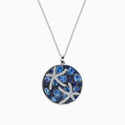 The Seaside 14K White Gold Sapphire & Diamond Starfish Pendant (5.74 TCW) features blue sapphires and diamonds in a sea star design, suspended from a delicate white gold chain.