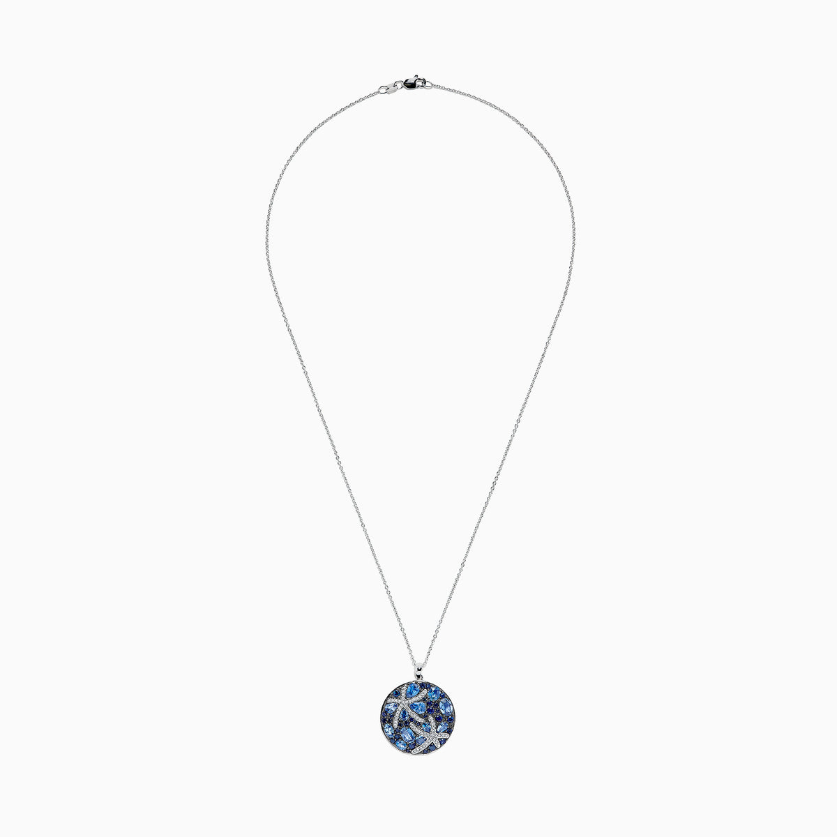 The Seaside 14K White Gold Sapphire & Diamond Starfish Pendant (5.74 TCW) features blue sapphires and diamonds in a sea star design, suspended from a delicate white gold chain.
