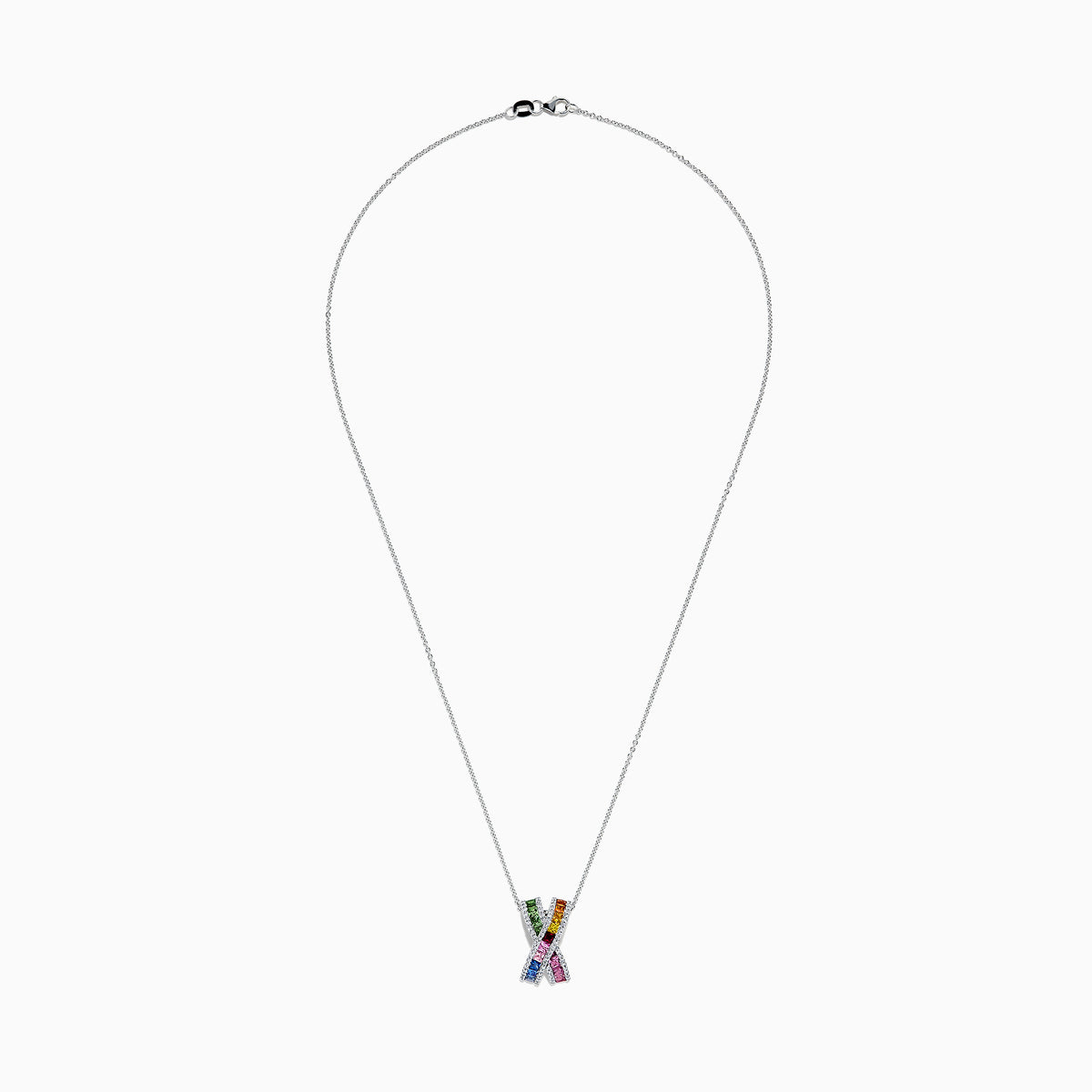 The Watercolors 14K White Gold Multi Sapphire & Diamond Pendant (2.21 TCW) features an X-shaped design with multi sapphire gemstones and diamond accents on a silver chain necklace.