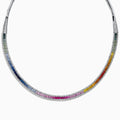 The Watercolors 14K White Gold Multi Sapphire & Diamond Necklace (11.31 TCW) showcases a smooth curve set with sapphires in blue, green, pink, red, yellow, and orange shades alongside sparkling diamonds.