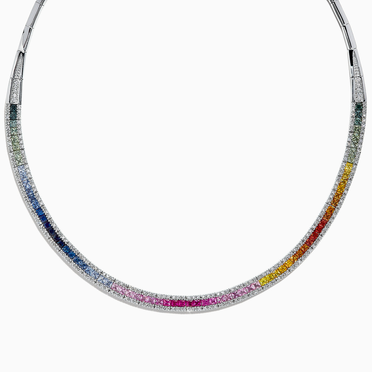 The Watercolors 14K White Gold Multi Sapphire & Diamond Necklace (11.31 TCW) showcases a smooth curve set with sapphires in blue, green, pink, red, yellow, and orange shades alongside sparkling diamonds.