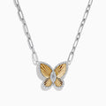 The 14K Two-Tone Gold Diamond Butterfly Necklace features a gold and silver butterfly pendant with diamond accents and a central gemstone, displayed on a plain white background.