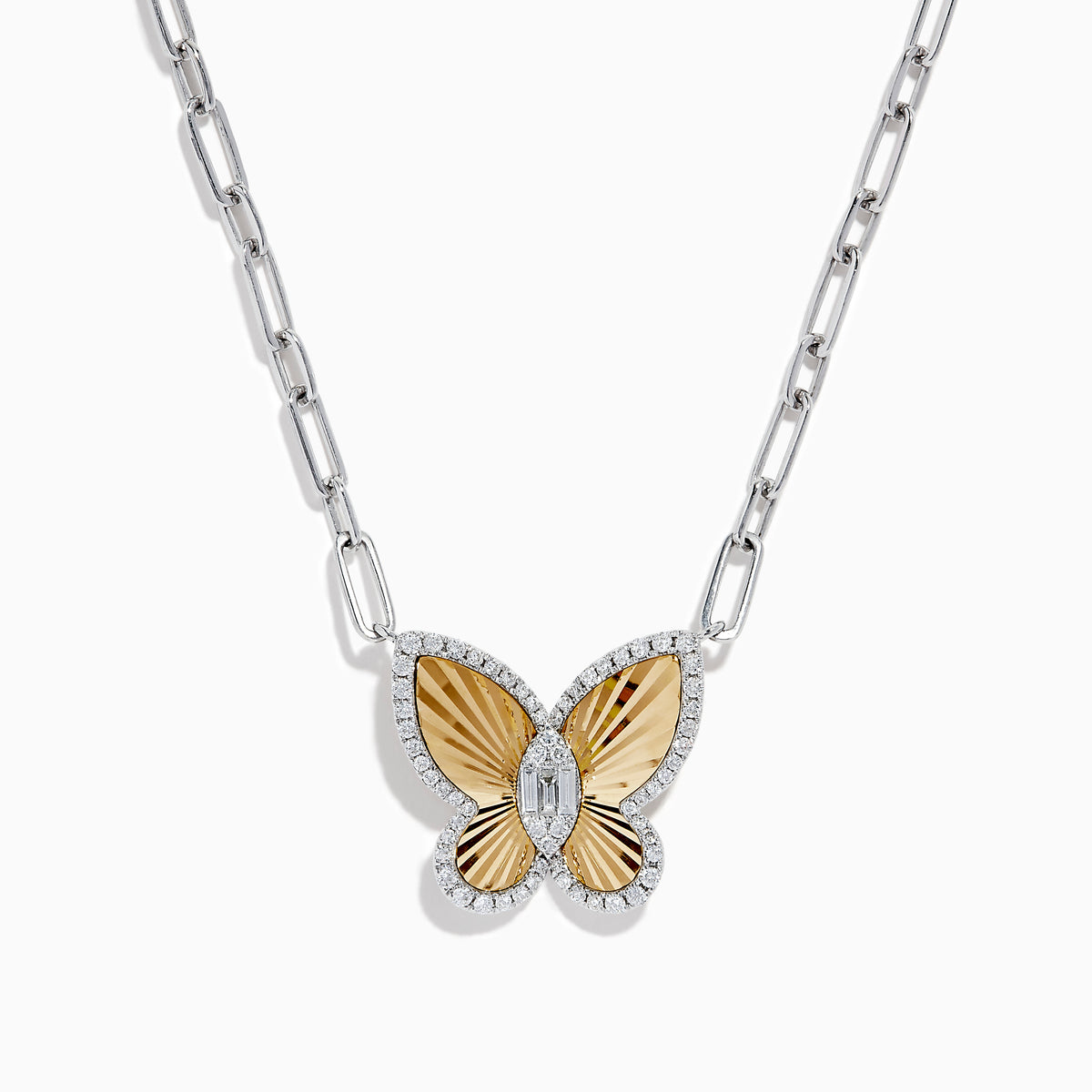 The 14K Two-Tone Gold Diamond Butterfly Necklace features a gold and silver butterfly pendant with diamond accents and a central gemstone, displayed on a plain white background.