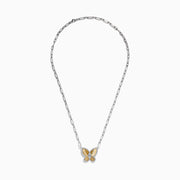 The 14K Two-Tone Gold Diamond Butterfly Necklace features a gold and silver butterfly pendant with diamond accents and a central gemstone, displayed on a plain white background.