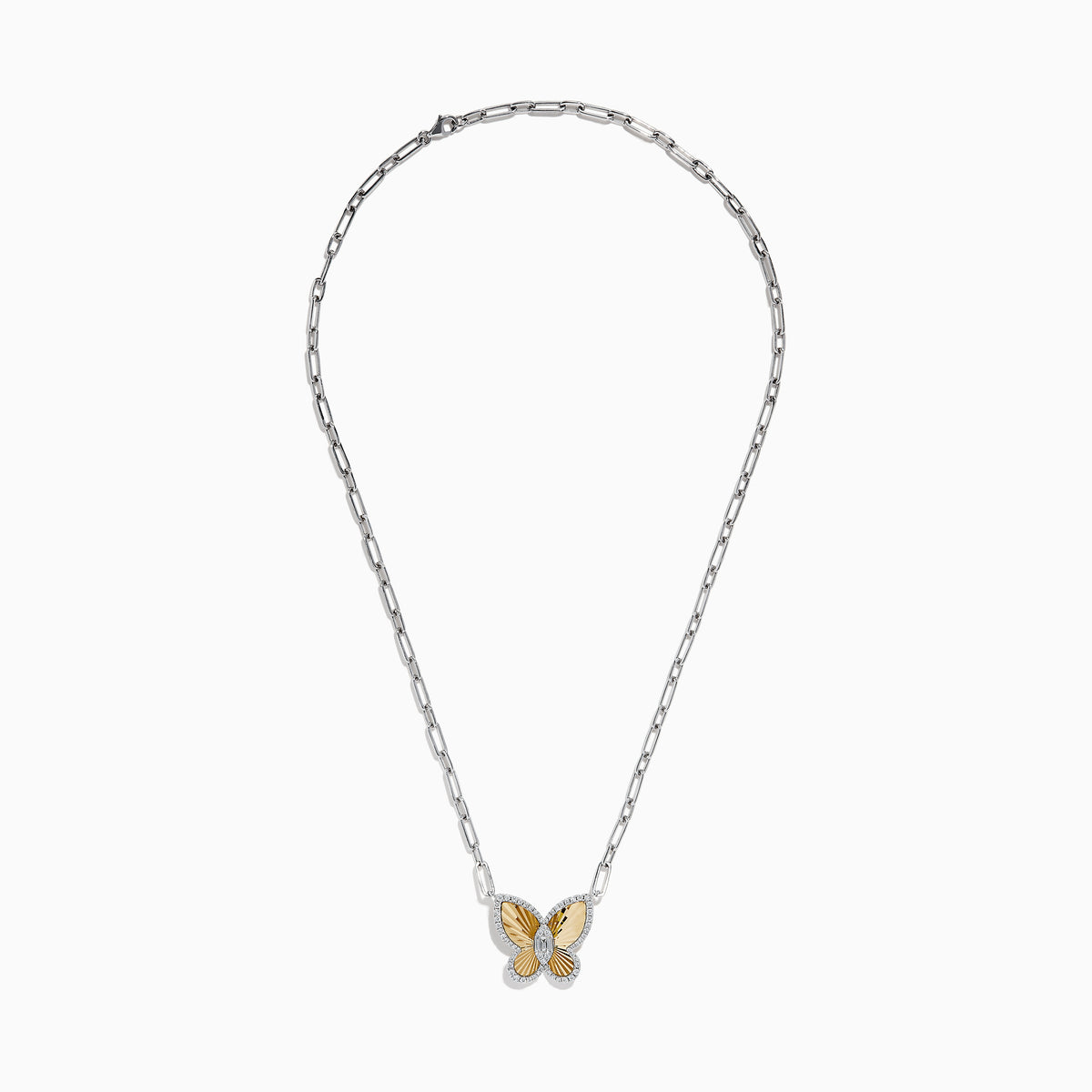 The 14K Two-Tone Gold Diamond Butterfly Necklace features a gold and silver butterfly pendant with diamond accents and a central gemstone, displayed on a plain white background.