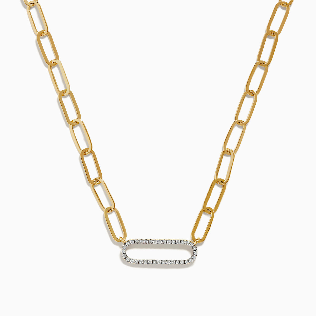 The Doro 14K Yellow Gold Diamond Paperclip Necklace features large elongated links and an oval-shaped pendant set with sparkling diamonds.