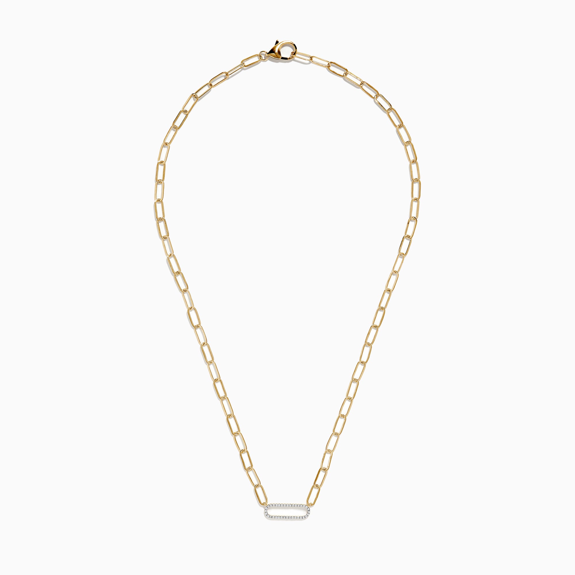 The Doro 14K Yellow Gold Diamond Paperclip Necklace features large elongated links and an oval-shaped pendant set with sparkling diamonds.