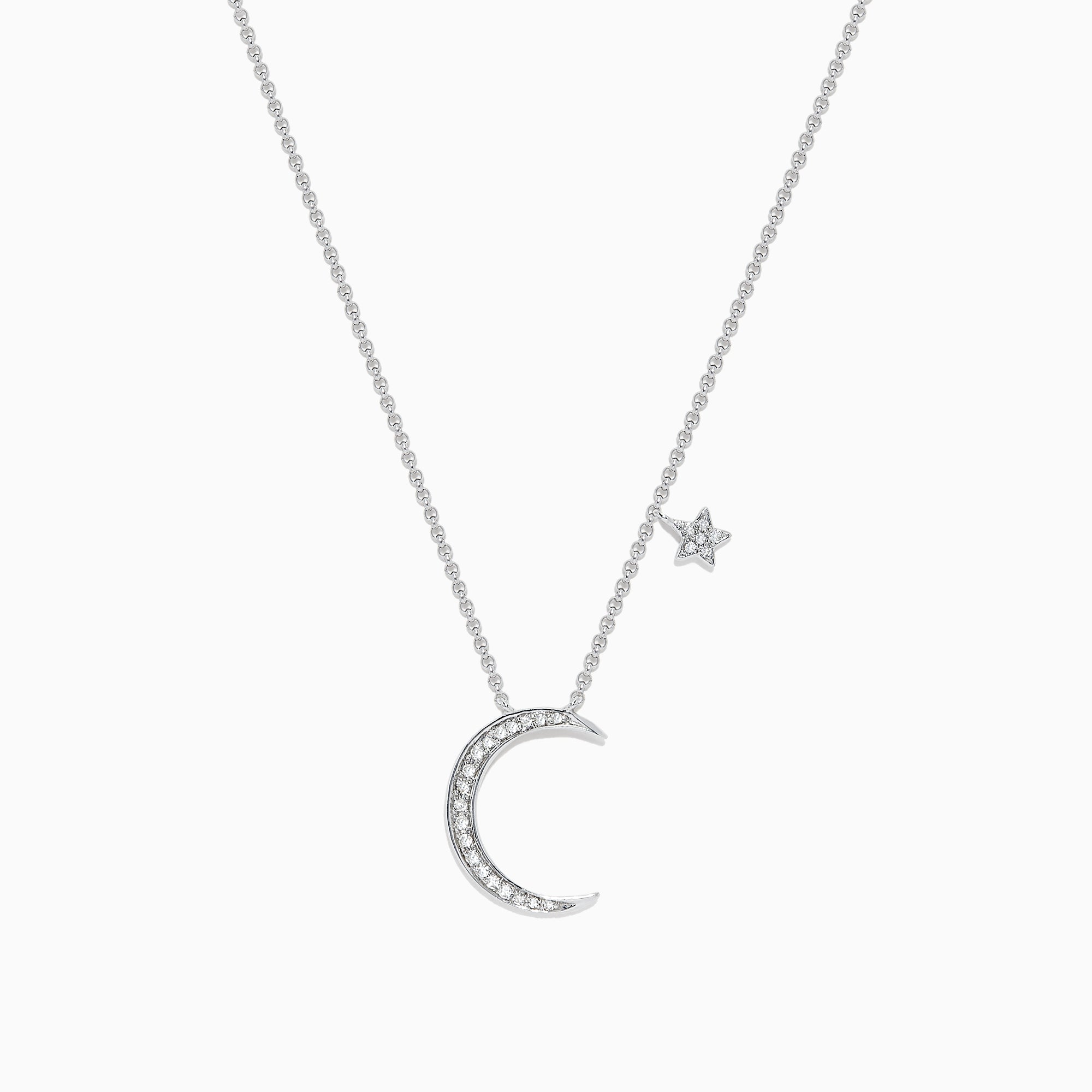 A Novelty 14K White Gold Diamond Crescent & Star Necklace (0.09 TCW) features a crescent moon pendant with sparkling diamonds and a separate star charm on a fine chain, shown against a white background.