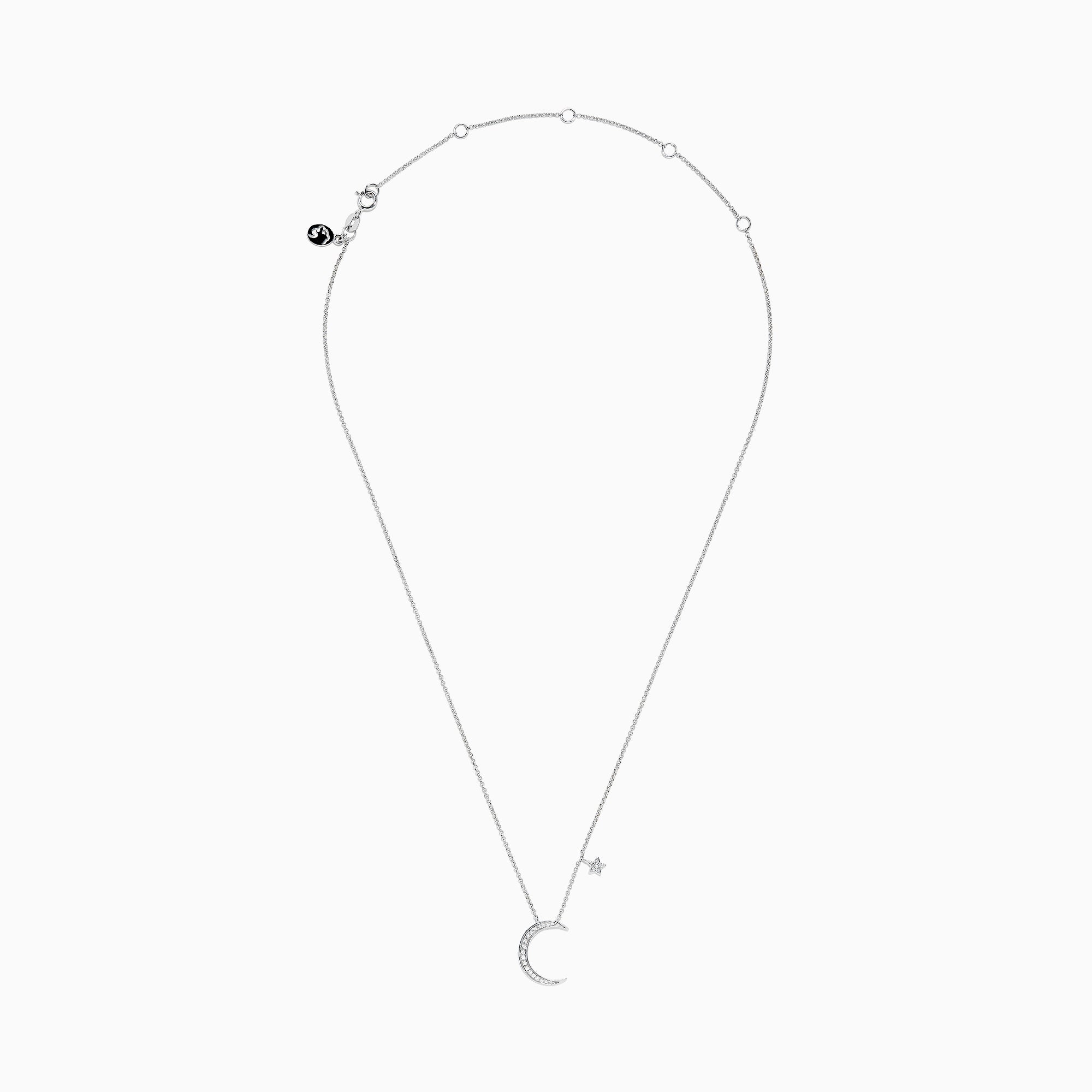 A Novelty 14K White Gold Diamond Crescent & Star Necklace (0.09 TCW) features a crescent moon pendant with sparkling diamonds and a separate star charm on a fine chain, shown against a white background.