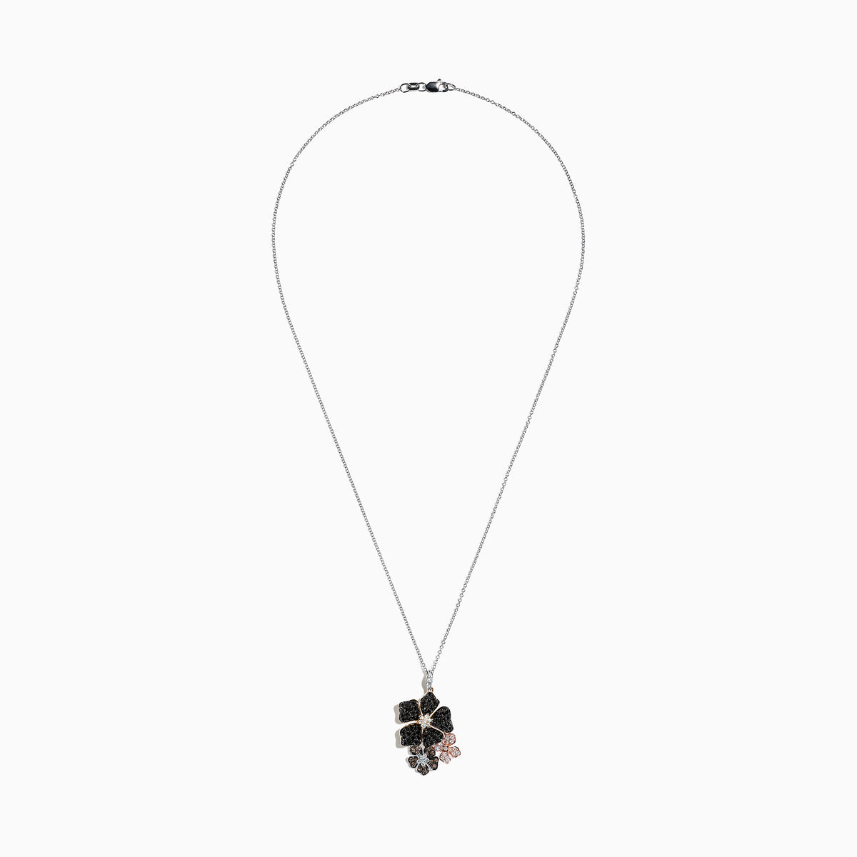 A Nature 14K Tri Color Gold Diamond Hibiscus Pendant (1.36 TCW) on a silver chain, with three jeweled flowers—two black with white centers and one smaller pink with a white center—set against a white background.