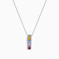 The Watercolors 14K White Gold Multi Sapphire & Diamond Pendant, 1.17 TCW, features a vertical row of yellow, blue, green, and pink sapphires bordered by diamonds.