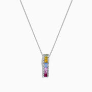 The Watercolors 14K White Gold Multi Sapphire & Diamond Pendant, 1.17 TCW, features a vertical row of yellow, blue, green, and pink sapphires bordered by diamonds.