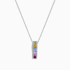 The Watercolors 14K White Gold Multi Sapphire & Diamond Pendant, 1.17 TCW, features a vertical row of yellow, blue, green, and pink sapphires bordered by diamonds.