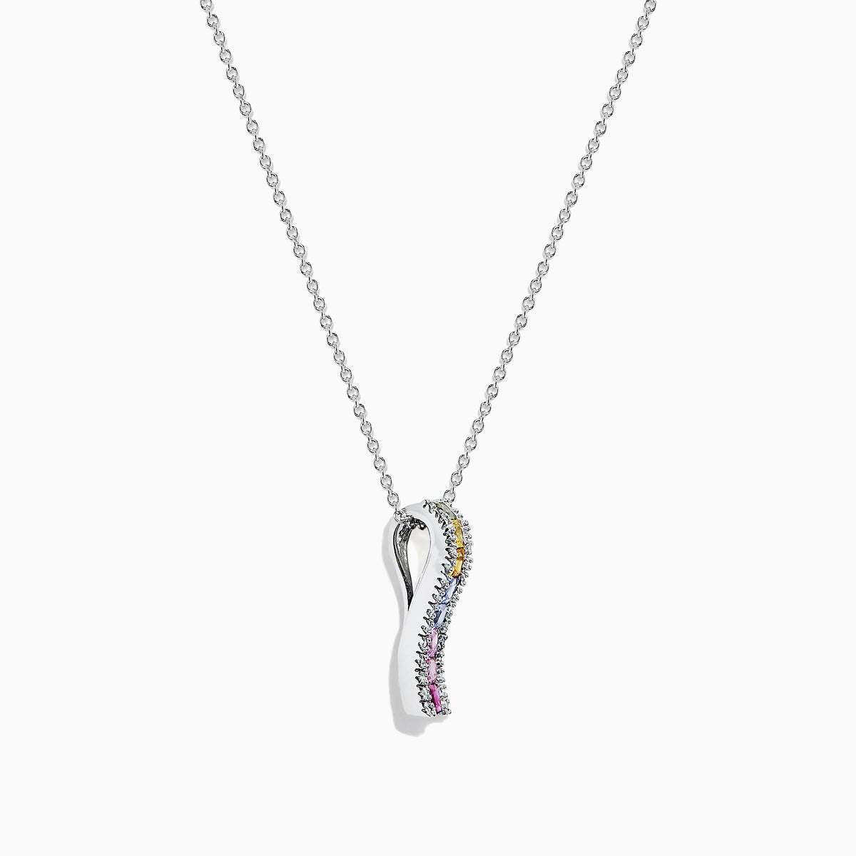 The Watercolors 14K White Gold Multi Sapphire & Diamond Pendant, 1.17 TCW, features a vertical row of yellow, blue, green, and pink sapphires bordered by diamonds.
