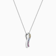 The Watercolors 14K White Gold Multi Sapphire & Diamond Pendant, 1.17 TCW, features a vertical row of yellow, blue, green, and pink sapphires bordered by diamonds.